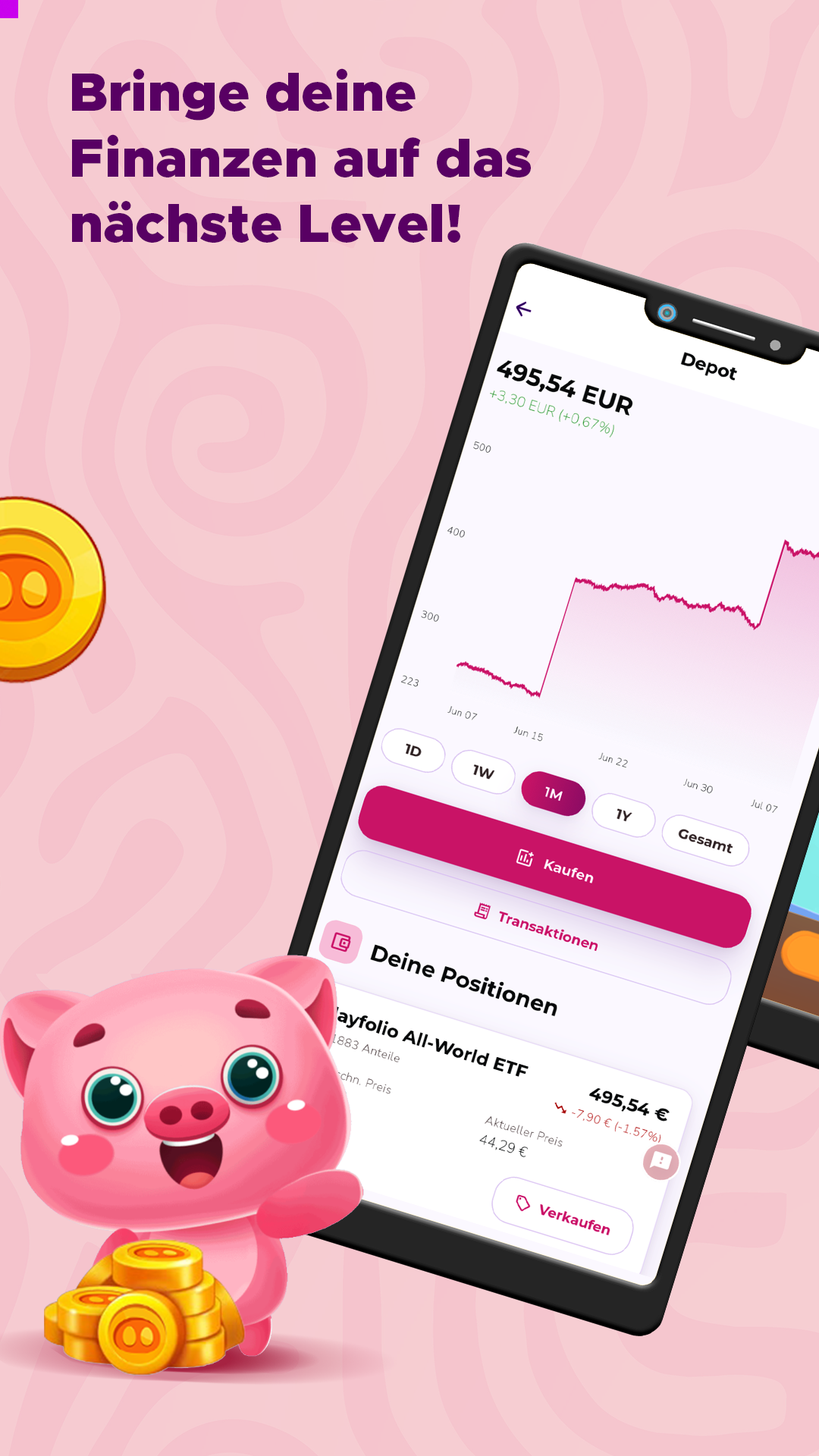 Store-Grafik „Bringe deine Finanzen auf das nächste Level“ mit Finpet, Münzen und einem Smartphone mit Depotkurve.