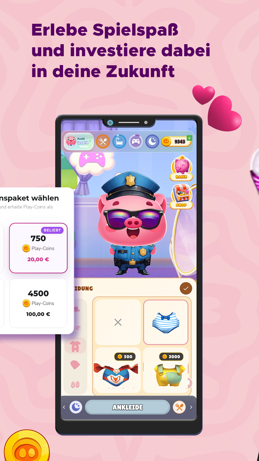 Store-Grafik „Erlebe Spielspaß und investiere dabei in deine Zukunft“ mit dem Finpet in einem Polizei-Kostüm und Investitionspaketen.