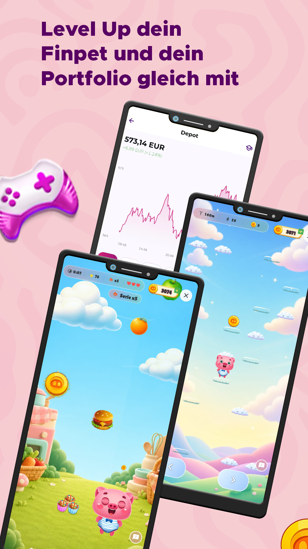 Store-Grafik „Level Up dein Finpet und dein Portfolio gleich mit“ mit zwei Minispielen und einer Depotkurve.